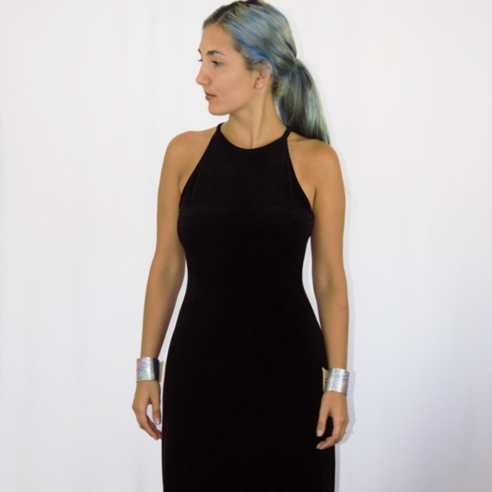 90s black velvet halter maxi dress stretch